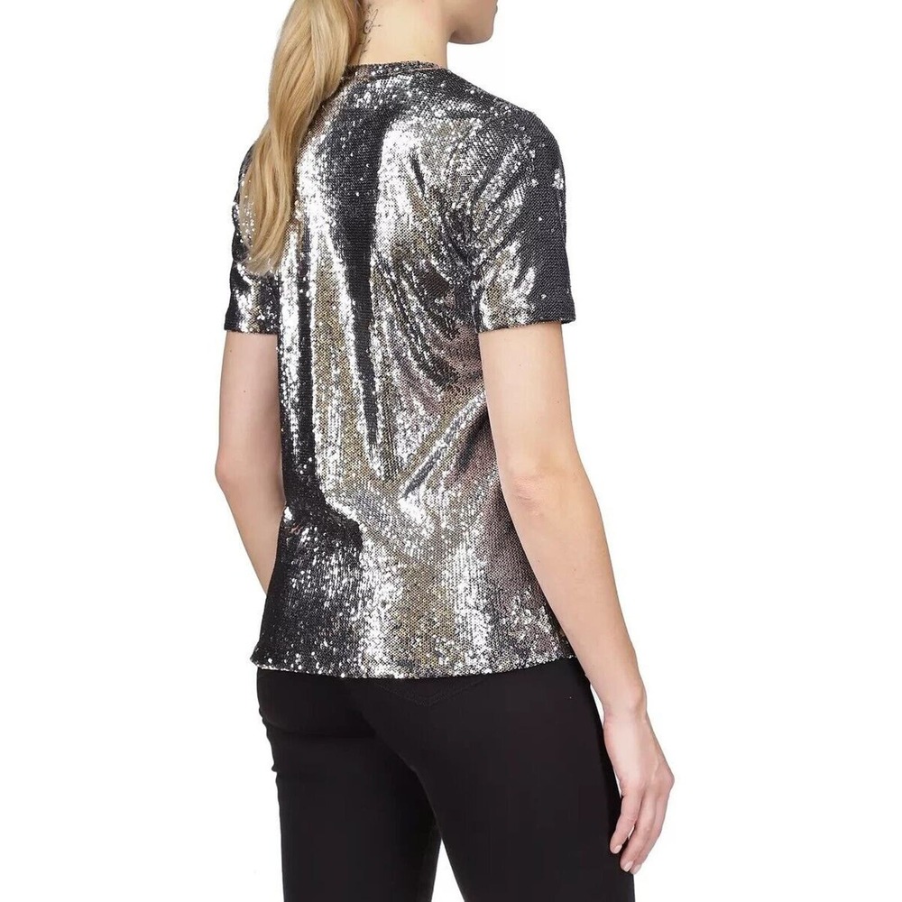 Michael Kors Sequined Stretch Tulle T-Shirt Top Black/Silver XS/S/M $155 Nwt - Picture 3 of 5